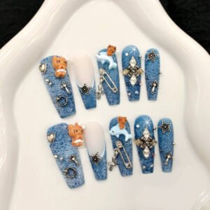 Vintage denim style lady with dark skin-toned cat ears, long coat, handcrafted nail art, fake nails