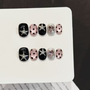 Black powder leopard print star-shaped diamond press-on nail